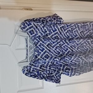 Blue and White Boxy Graphic Blouse with Peter Pan Collar